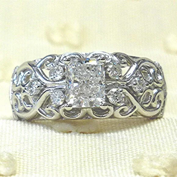▶NEW DIAMOND DAINTY RADIANT CUT CARVED 925 STERLING SILVER ETERNITY RING, K997